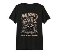 Hallowed Be Thy Gains Weightlifting Fitness USA Bodybuilder Premium T-Shirt