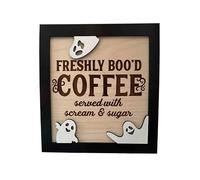 Halloweeen Coffee Sign Wooden Halloween Retro Coffee Bar Table Sign Cute Home Decoration Desktop Ornament for Bar (Beige, 15X15CM)