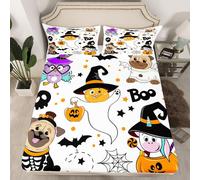 (Halloween 06, Double(No Comforter)) Cartoon Pug Dogs Fitted Sheet Double Size Happy Halloween Themed Bed Sheets for Kids Child Bedroom Decor,Funny Dogs in Halloween Costumes Bedding Set