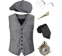 Halloween 1920s Mens Costume Accessories Set,Great Gatsby Clothing,Roaring 20s Pocket Watch,Mafia Mobster Hat, Set1-lightgray, XX-L