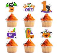 Halloween 1st Birthday Decorations Orange Purple Green Black 24pcs Spooky One Cupcake Toppers Cute Ghost Pumpkin Cake Decors Boo Scary First Birthday Decor Bat Spider Web Cat Skeleton Party Supplies