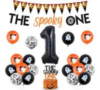 Halloween 1st Birthday Decorations, The Spooky One Birthday Decorations - The Spooky One Banner, Triangle Flag Banner, Spooky One Cake Topper, Orange and Black Ghost Print Balloons, 1 Foil Balloon