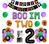 Halloween 2nd Birthday Decorations for Kids - Boo IM TWO Cake Topper, Ghost Spider Birthday Party Supplies Happy Birthday Banner Purple Orange Green Halloween Second Birthday Decorations