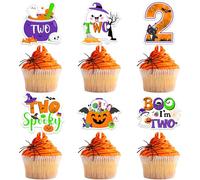 Halloween 2nd Birthday Decorations Orange Purple Green Black 24pcs Two Spooky Boo I’m Two Cake Toppers Ghost Pumpkin Cake Decor Scary Second Birthday Decor Bat Spider Web Cat Skeleton Party Supplies