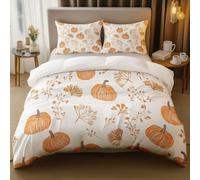 Halloween 3-Piece Duvet Cover Set Double 200x200 cm - Pumpkin Autumn Print Orange White, Reversible, Easy Care, Soft Microfiber, Zipper Closure, Includes 2 Pillowcases 50x75 cm, Bedroom Decor