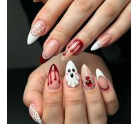 Halloween 3D Ghost Press on Nails Red Blood French False Nails | Medium Almond Fake Nails with Halloween 3D Ghost Blood French Designs Embossed Acrylic Nails for Women Girls 30Pcs