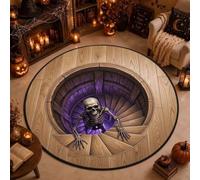 Halloween 3D Skeleton Wooden Staircase Optical Illusion Circle Rug 100cm | Non-Slip, Washable Low-Pile Round Area Rug,Gothic Halloween Door Mat for Entryway Living Room Bedroom Round Play Mat