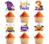 Halloween 3rd Birthday Decorations 24pcs Orange Purple Trick Or Three Cupcake Toppers Cute Ghost Pumpkin Cake Decors Boo Scary Third Birthday Decor Bat Spider Web Cat Skeleton Party Supplies