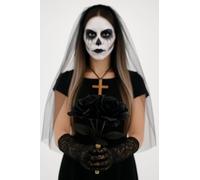 Halloween 5-Piece Gothic Accessory Set - Fishnet Veil Headband, Black & White Face Paint, Cross Necklace, Black Lace Long Gloves & Roses Bouquet - Fancy Dress Costume Kit for Adults