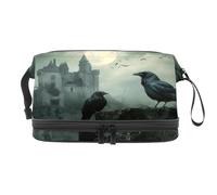 Halloween Abandoned Castle Crows Double Layer Cosmetic Bag for Women and Girls, Travel Toiletry Bag Makeup Handy Pouch Organiser Bag with Brush Compartment