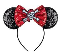 Halloween accessories Pirate Mouse Ears Headband Sparkly Black Sequin Ears With Red Skull and Crossbones Bow, Fun Costume Accessory for Trick Or Treating, Masquerade, Cosplay, and Halloween Party