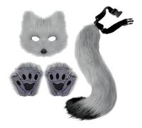 Halloween accessory, Quadrobics Set - Fur Fox Tail, Cat Paws Gloves, Therian Mask (Mask + Gloves + Tail) cos prop accessories - Full Set for Dress-Up, Roleplay Costume Mask (Grey)
