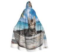 Halloween Adult Hooded Cape Cloak MSRHIUEF Cat In A Basin Printing Super Large Hooded Cloak with Bow Tie