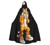 Halloween Adult Hooded Cape Cloak MSRHIUEF Tiger wearing shoes Printing Super Large Hooded Cloak with Bow Tie