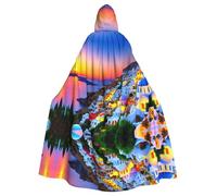 Halloween Adult Hooded Cape Cloak YYHHAOFA Greece Island Sunset Landscape Pattern Super Large Hooded Cloak with Bow Tie