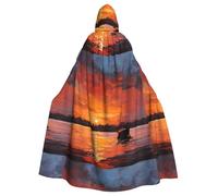 Halloween Adult Hooded Cape Cloak YYHHAOFA Oil painting boat at sunset Pattern Super Large Hooded Cloak with Bow Tie