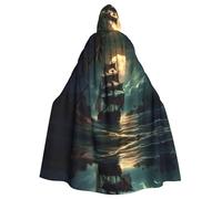 Halloween Adult Hooded Cape Cloak YYHHAOFA pirate sailboat full moon Pattern Super Large Hooded Cloak with Bow Tie