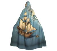 Halloween Adult Hooded Cape Cloak YYHHAOFA Sailboat drifting on the sea Map Pattern Super Large Hooded Cloak with Bow Tie