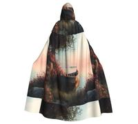 Halloween Adult Hooded Cape Cloak YYHHAOFA Small boat on the lake shore Pattern Super Large Hooded Cloak with Bow Tie