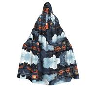 Halloween Adult Hooded Cape Cloak YYHHAOFA steam train Pattern Super Large Hooded Cloak with Bow Tie