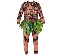 Halloween Adult Men's Children's Boys Tribal Imprint T-Shirt Pants Tattoo 2-Piece Set with Leaves Exotic Set Cosplay Costume (Papa Brown, X-Large)