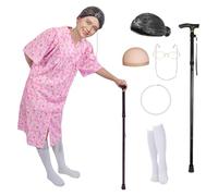 Halloween Adult Old Lady Costume Granny Outfits Fancy Dress Adult with Old Lady Dress Wig Glasses Necklace for Halloween Cosplay Carnival World Book Day