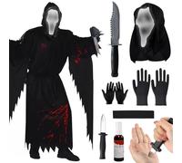 Halloween Adult Scream Costume, Scream Ghost Face Costume, Screaming Ghost Costume, Scary Scream Ghostface Costume with Ghost Face Mask, Gloves, Knife for Halloween, Carnival Masquerade, Black, XL