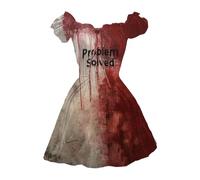 Halloween Adult Women's Problem Solved Printed Dress | Puff Short Sleeve High Waist Ruched Party A-Line Skater Swing Witch Lace Dress in White