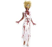 Smiffys Women's High School Horror Zombie Prom Queen Costume, Dress & Attached Sash, High School Horrors, Colour: White, Size: S, 32950