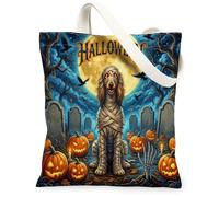 Halloween Afghan Hound Dog Canvas Tote Bag for Shopping 13 * 15, Holiday Graveyard Reusable Grocery Shoulder Bag for Women, Pumpkins Painting Gift Decor