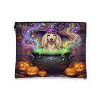 Halloween Afghan Hound Dog Makeup Bag, Holiday Cauldron Printed Cosmetic Travel Pouch for Women, Witch Portable Small Canvas Zipper Organizer 7x9 Inch