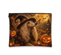 Halloween Afghan Hound Dog Makeup Bag, Spooky Butterflies Printed Cosmetic Travel Pouch for Women Girls, Fun Portable Small Canvas Zipper Organizer 7x9 Inch