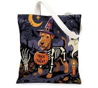 Halloween Airedale Terrier Dog Canvas Tote Bag for Shopping 13x15, Horror Puppy Graveyard Reusable Grocery Print Pattern Bag for Women, Spooky Scary Aesthetic Painting Gift Decor