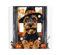 Halloween Airedale Terrier Dog Decorative Light Switch Cover Plate 2 Gang Double Toggle, Cute Funny Window Electrical Switchplate, Pet Faceplate for Kitchen Living Room Decor