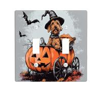 Halloween Airedale Terrier Dog Decorative Light Switch Cover Plate 2 Gang Double Toggle, Pumpkins Carriage Electrical Switchplate, Pet Faceplate for Kitchen Living Room Decor