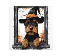 Halloween Airedale Terrier Dog Decorative Light Switch Cover Wall Plate 2 Gang Double Toggle, Cute Funny Window Electrical Switchplate Pet Faceplate for Kitchen Living Room Decor