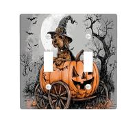 Halloween Airedale Terrier Dog Decorative Light Switch Cover Wall Plate 2 Gang Double Toggle, Pumpkins Carriage Electrical Switchplate Pet Faceplate for Kitchen Living Room Decor