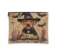 Halloween Airedale Terrier Dog Makeup Bag 7''x9'' for Travel Pouch, Fun Scary Witch Bat Toiletry Cosmetic Pouch for Women Gift, Witchy Tarot Portable Canvas Zipper Organizer