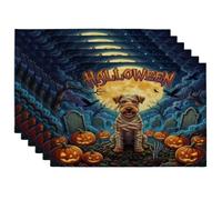 Halloween Airedale Terrier Dog Placemats Set of 6, 12x18 Inch, Holiday Graveyard 6Pcs Seasonal Table Mats for Dinning, Pumpkins Holiday Home Kitchen Decor