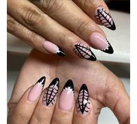Halloween Almond Press on Nails - 24PCS Nude Pink Based Black-edge Spider Web Pattern Fake Nails - Oval Medium French Tip False Nails With Glue - Glossy Stick On nails For Women Punk Gothic Nail Art