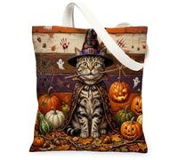 Halloween American Shorthair Cat Canvas Tote Bag for Shopping 13 * 15, Rustic Horror Pumpkin Reusable Grocery Bag for Women, Scary Farmhouse Beach Aesthetic Painting Gift Decor