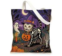 Halloween American Shorthair Cat Canvas Tote Bag for Shopping 13x15, Horror Kitten Graveyard Reusable Grocery Print Pattern Bag for Women, Spooky Scary Aesthetic Painting Gift Decor