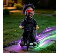 Halloween Animatronic Doll on Tricycle, Sound Activated Light-Up Eyes | Scary Moving Prop for Haunted House, Indoor Outdoor Garden Yard Decorations, Spooky Party Decor