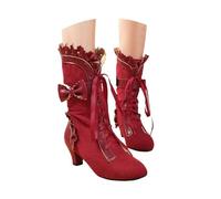 Halloween Ankle Boots For Women Vintage Victorian Boots For Party Medieval Booties With Ruffles + Bow Autumn Winter Suede Lace-up Boots Elegant High Heels(Red,6.5 UK)