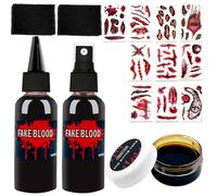 Halloween Artificial Blood Kit, with 1 Art Blood Spray and Dripping Artificial Blood, 1 Coagulated Artificial Blood, 10 Sheets Halloween Scars Tattoos, 2 Stipple Sponge, Washable, Halloween Make-Up