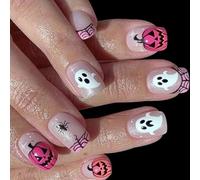 Halloween Artificial Nails Short Square Black White Spiders Web Pumpkin Design Easy Apply Fake Nails For Parties 24pc Pumpkin Spiderweb Design Nail