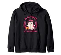 Halloween Awareness in October We Wear Pink Ghost Witch Zip Hoodie