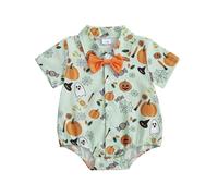 Halloween Baby Boy Rompers Pumpkin/Ghost/Cowboy Boots/Spider Web Lapel Button Retro Bodysuit with Bowtie Cute Newborn Gentleman Fall Clothes Cake Smash Photo Welcome Home (Green, 6-12 Months)