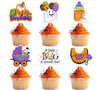 Halloween Baby Shower Decorations 24pcs Orange Purple A Baby Is Brewing Cake Toppers Cute Ghost Pumpkin Cake Decor Boo Scary Gender Reveal Decor Spooky Bat Spider Web Skeleton Birthday Party Supplies