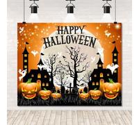 Halloween Backdrop 10x10ft Horror Orange Night Moon Pumpkin Lantern Fence Spooky Castle Halloween Party Photography Background Bat Spider Web Graveyard Halloween Decorations Banner Brand: Meiguiman